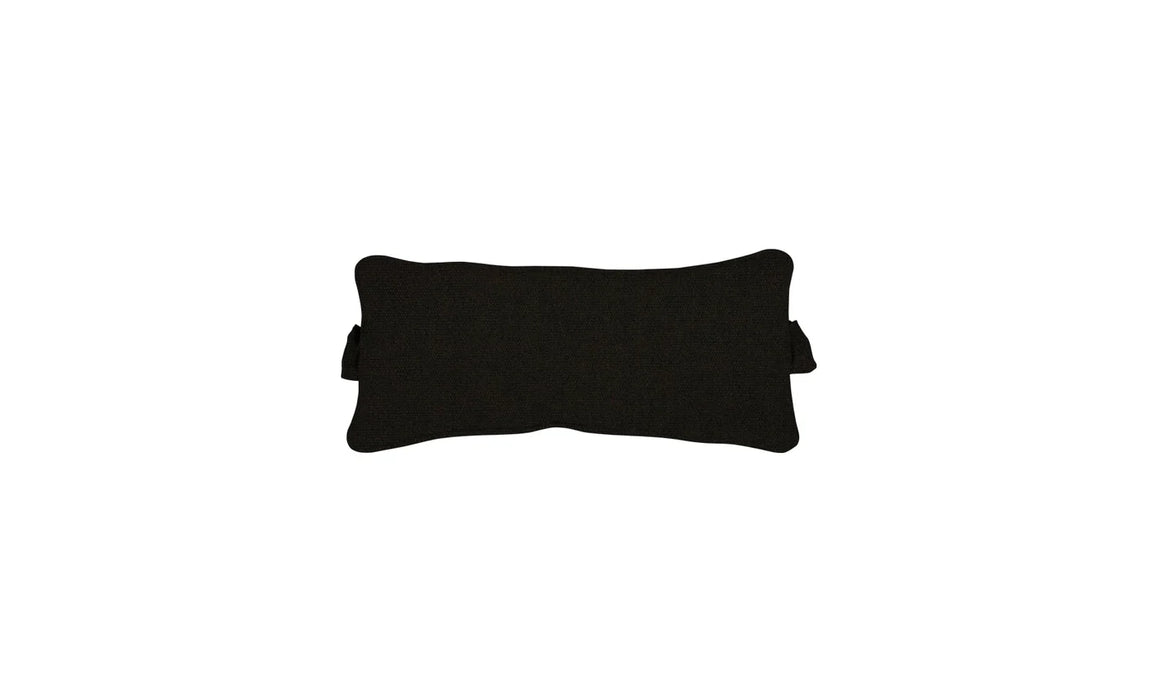 Rectangular outdoor headrest pillow in a solid, deep black shade. The pillow has subtle piping along the edges and gathered fabric detailing on the sides. It is isolated on a white background.