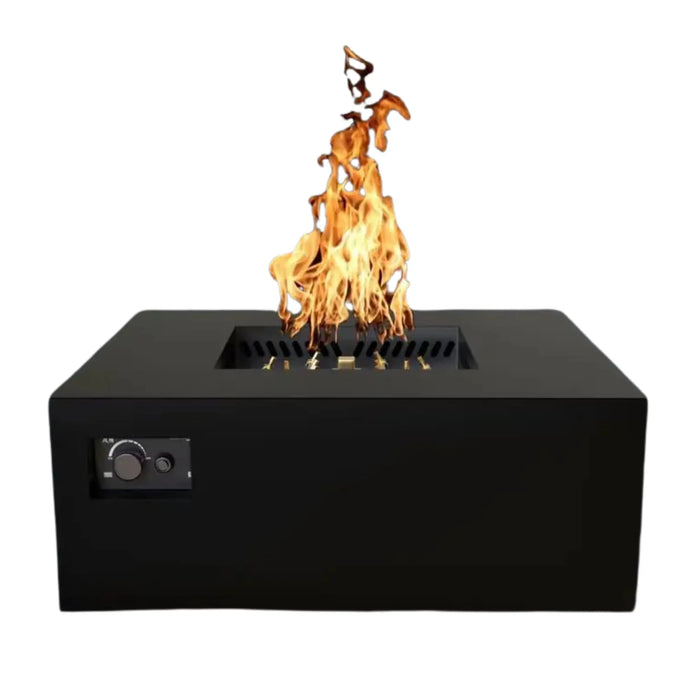 A black square gas fire pit table with a flame burning inside. The table has a control panel on one side 103816BLK