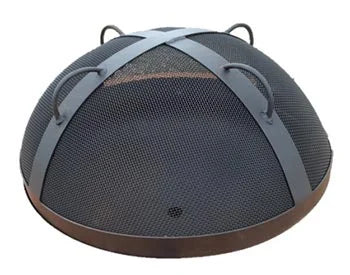 A black metal spark guard with a domed top and four handles. The spark guard has a criss-cross pattern of metal bars and a fine mesh screen.