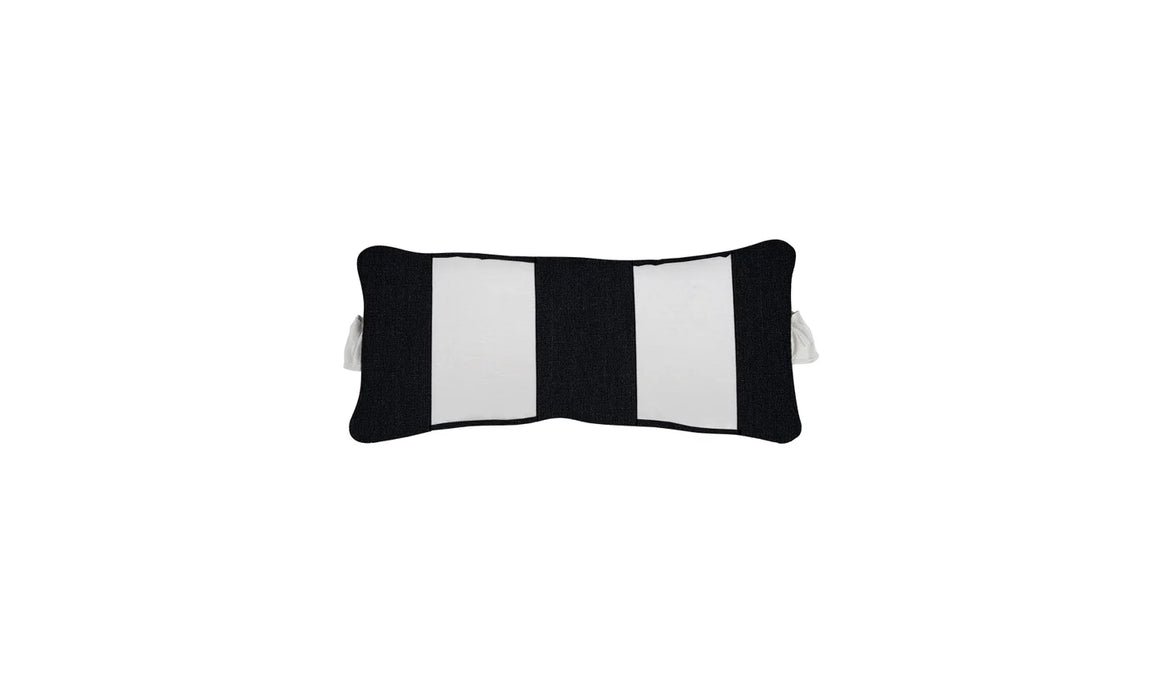 Rectangular outdoor headrest pillow for in pool chaise lounge chair featuring bold, horizontal stripes in black and white. The pillow has gathered fabric detailing on the sides and is isolated on a white background.