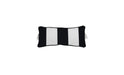 Rectangular outdoor headrest pillow for in pool chaise lounge chair featuring bold, horizontal stripes in black and white. The pillow has gathered fabric detailing on the sides and is isolated on a white background.