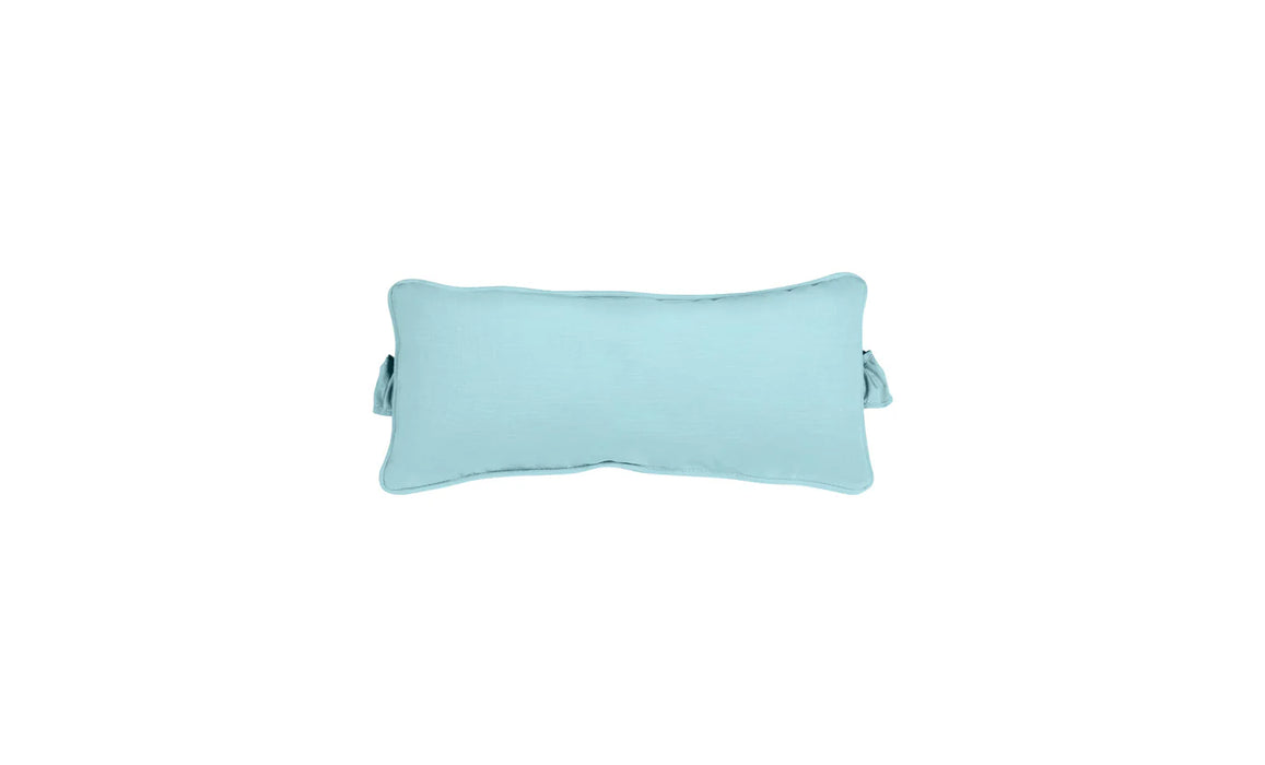 Rectangular outdoor headrest pillow in a solid, light, cool blue shade. The pillow has gathered fabric detailing on the sides and is isolated on a white background.