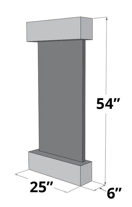 A 3D technical drawing of a rectangular, vertically oriented wall-mounted feature, possibly a fountain or display panel. It shows a flat, dark gray vertical slab sandwiched between two thicker, light gray horizontal blocks at the top and bottom. Dimensions are indicated with "54"" on the right vertical side, "25"" along the front base, and "6"" on the side, all set against a transparent checkered background.