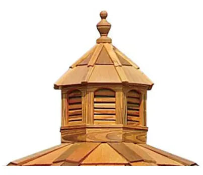 A wooden octagonal gazebo cupola with a shingled roof, decorative finial, and louvered vents.