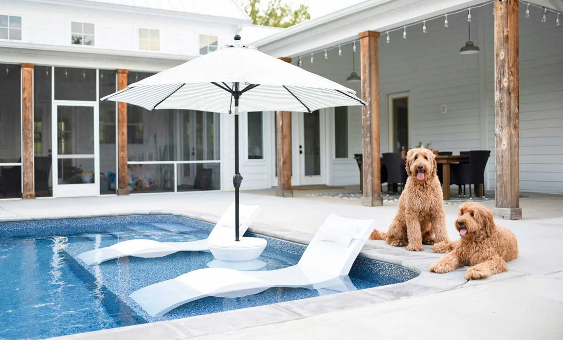 A photo of a backyard pool with two white floating loungers and a large striped umbrella providing shade.