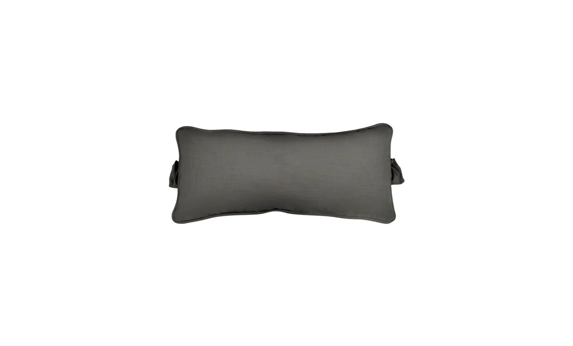 Rectangular outdoor headrest pillow in a solid, dark gray or charcoal shade. The pillow has subtle piping along the edges and gathered fabric detailing on the sides. It is isolated on a white background.