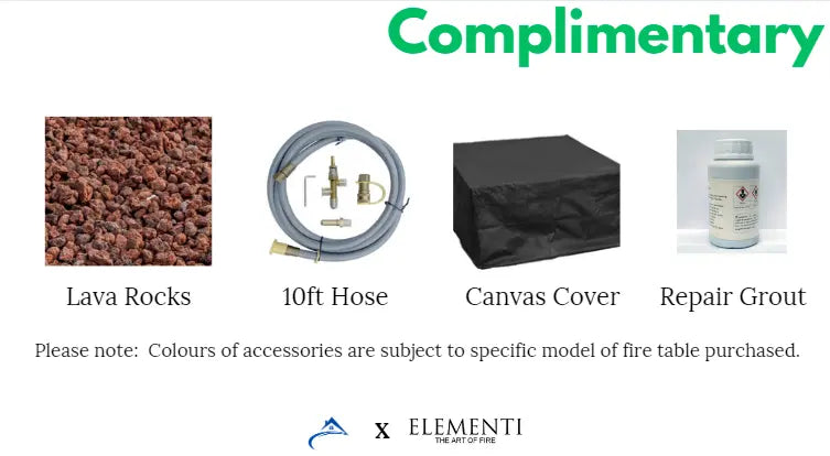 visual show of complimentary products included with all elementi fire table purchases. this includes lava rocks, 10ft hose, canvas cover and repair grout