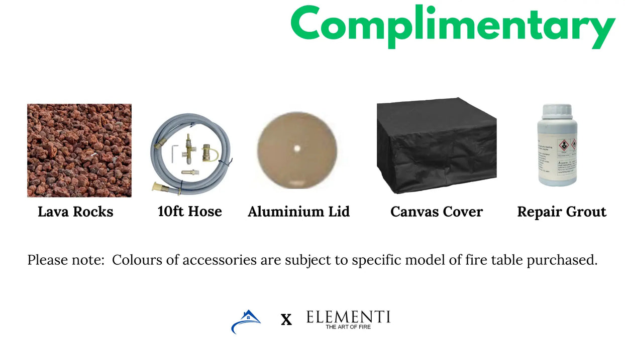 A graphic showing complimentary accessories included with the purchase of a fire pit table. The accessories include lava rocks, a 10ft hose, an aluminum lid, a canvas cover, and repair grout.