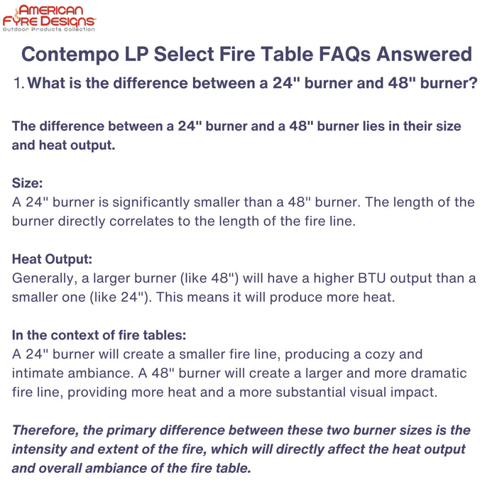 This image provides information about the differences in size and heat output between 24" and 48" burners used in fire tables. It highlights how burner size affects the fire's intensity and ambiance.