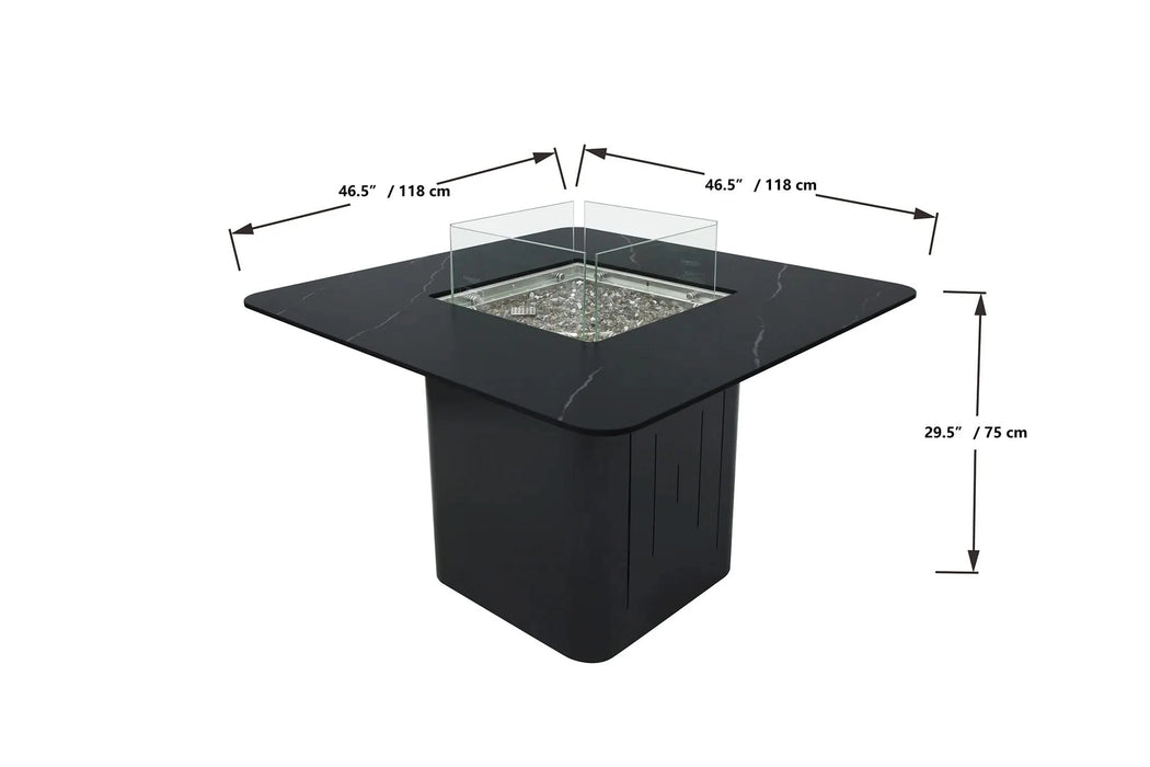 black outdoor dining table with windscreen and fire pit in middle with glass windscreen measurements