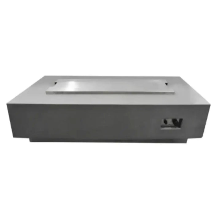 Stainless steel fire pit lid placed on top on granville fire table by elementi on a white background