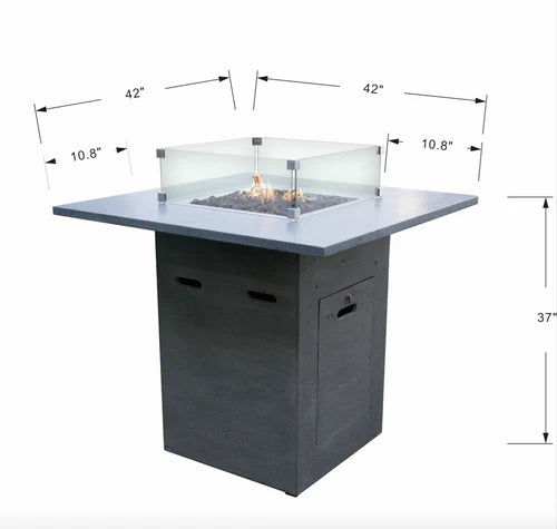 elementi alps outdoor bar table with fire pit OFG222 with glass windscreen and measurement breakdown