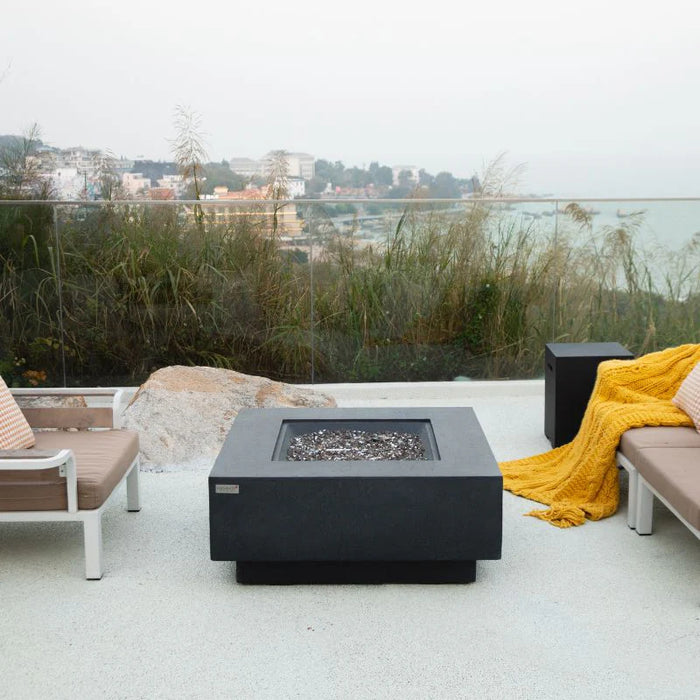 square fire pit table with fire pit on outdoor setting with matching tank cover