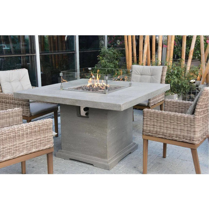 elementi birmingham fire pit dining table with chairs OFG202 fire pit has glass tempered windscreen protecting fire flame in an outdoor patio or resturaunt