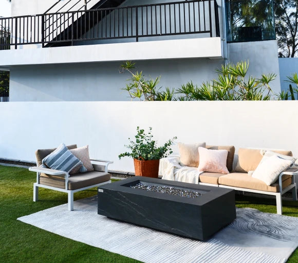 rectangle dining table with fire pit in middle