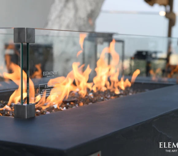 rectangle fire pit table with glass guard close up