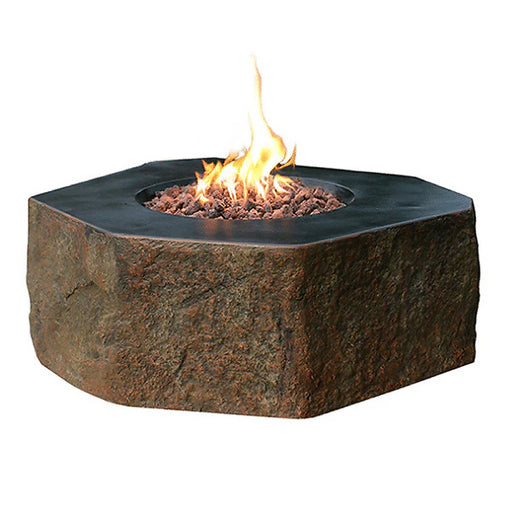 elementi columbia hexagon concrete fire pit table ofg105 with flame. Fire pit is lit on red lava rocks. on white background