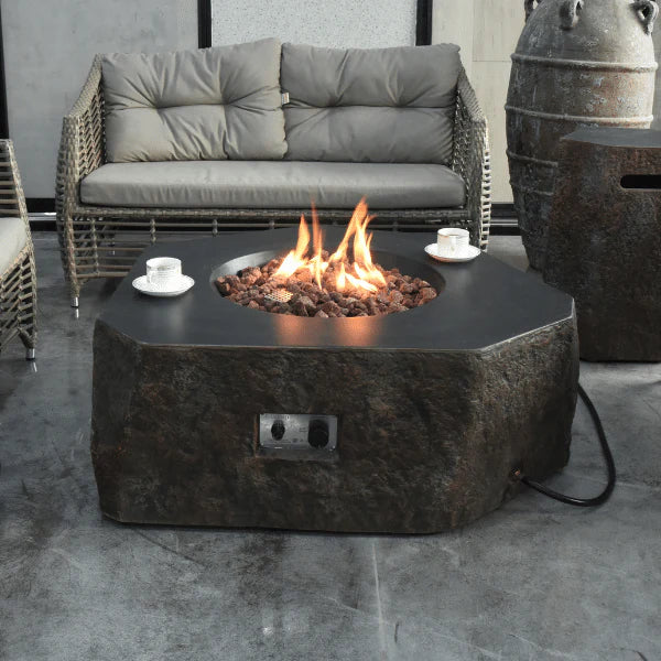 elementi columbia hexagon high performance cast concrete fire pit table OFG105 with coffee cups propane tank cover on outdoor set up