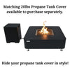 Black square fire pit table burning with a flame, paired with a matching black propane tank cover. Text above and below the image describe the cover's availability and purpose.