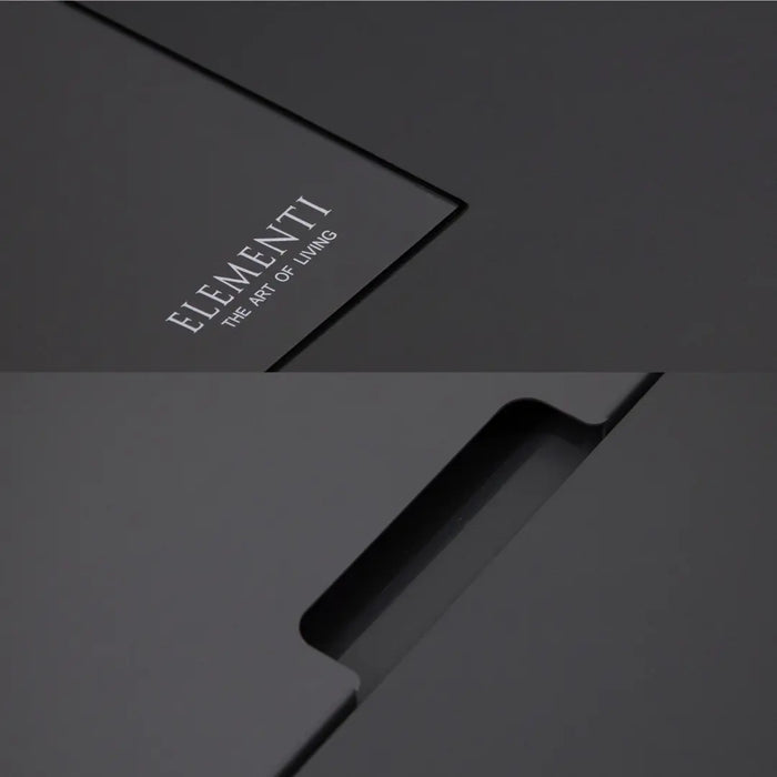  Split image showing Elementi logo text and a close-up of a dark surface with a rectangular cutout.