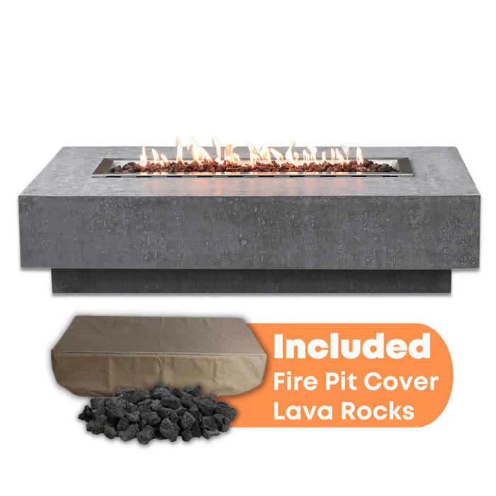 elementi grey rectangle fire pit table with large long fire pit. fire pit is lit on red lava rocks. fire pit cover is on and lava rocks is included