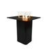 glass wind screen on high top fire pit table with fire pit is lit with yellow and orange flames