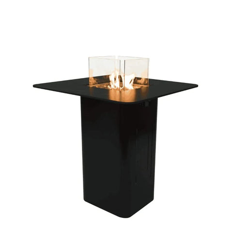 black high tip fire pit table with glass windscreen. fire pit is let with yellow and orange fire