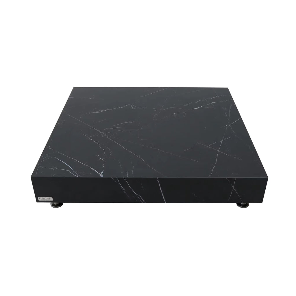 A square coffee table with a black marble top featuring white veining, and a black base.
