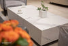 A rectangular white marble porcelain coffee table with cups and a plant on it.