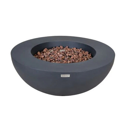 dark grey round fire pit table with brown lava rocks in the middle but fire pit is not lit