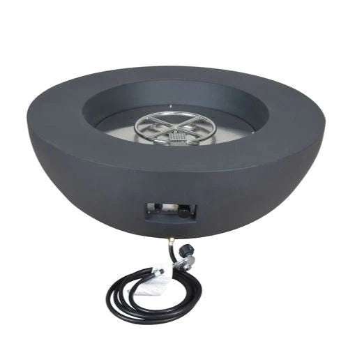 dark grey ceramic round fire pit table with steel burner in the middle and 10 ft hose on a white background 