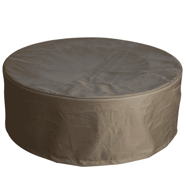 round fire pit table covered with canvas cover