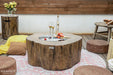 elementi round fire pit table with fire pit stainless stell lid. the fire pit is being used as a table with fruit platter and wine glass and wine placed on top of it