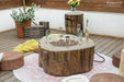 round fire pit table with wine on the edge and round glass windscreen