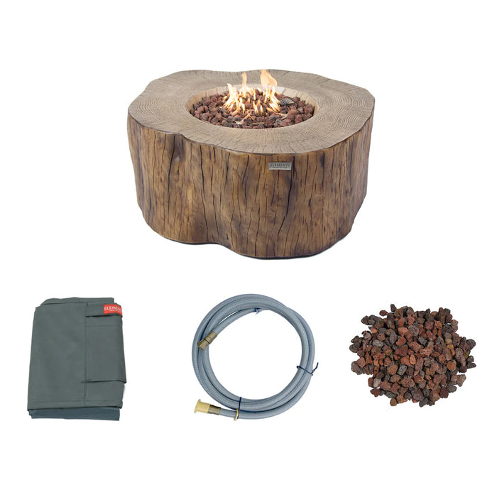 natural stump in redwood small round fire pit table. fire pit is lit on red lava rocks and a show of complimentary products as shown below it which consists of 10ft hose, fire pit cover and red lava rocks