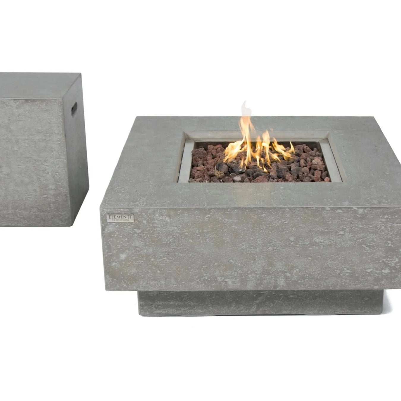 square fir pit table with matching concrete tank cover on a white background