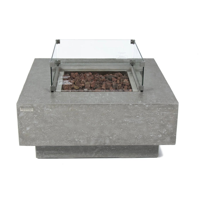 square fire pit table with square glass windscreen on a white background