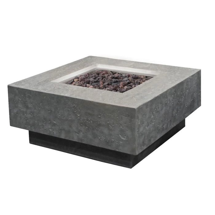 light grey square fire pit table with lava rocks on fire pit on a white background