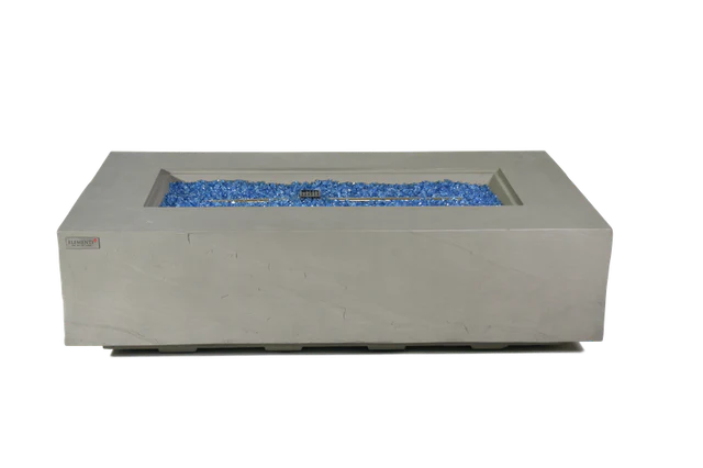 sandstone rectangulare fire pit table with blue fire glass