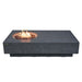 rectangle patio fire pit table with round fire pit that is lit on lava rocks