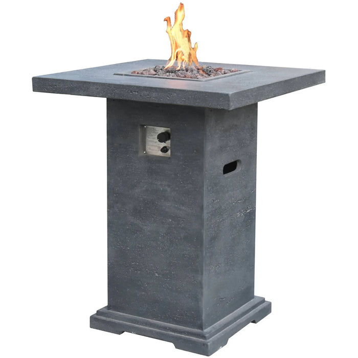 light grey bar height fire table with start and stop ignition button on a white background