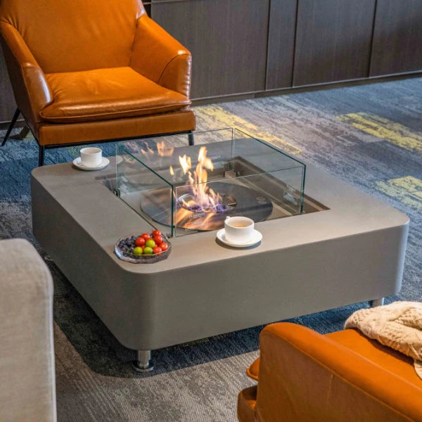 elementi perth ethanol fire table space grey ECG02S fire pit table with coffee cups and fruit platter on fire table