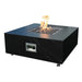 black square fire pit table with fire pit lit on fire glass with start stop ignition button on a white background