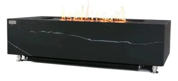 elementi plus 28x60 inch varna bulgaria black marble porcelain fire table with fire pit lit and elementi logo on a white background