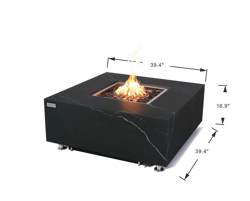 marble black square fire table with measurement breakdown