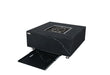 black marble square fire pit table with tray on a white background