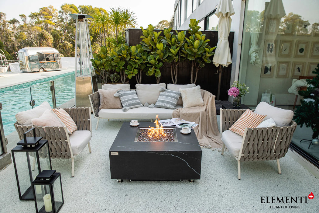 black marble square fire pit table in patio