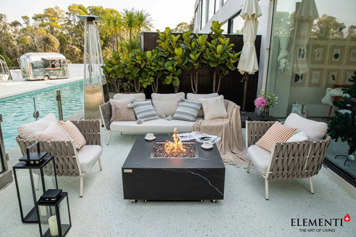 black marble square fire pit table in patio