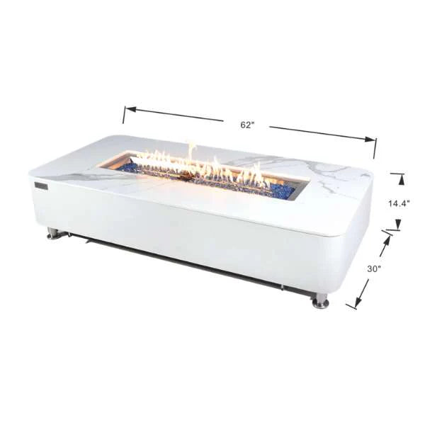 white propane fire pit rectangle table measurement breakdown on a white background