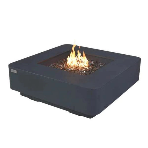 slate black square fire pit table with fire pit burning on steel metal burner  on a white background